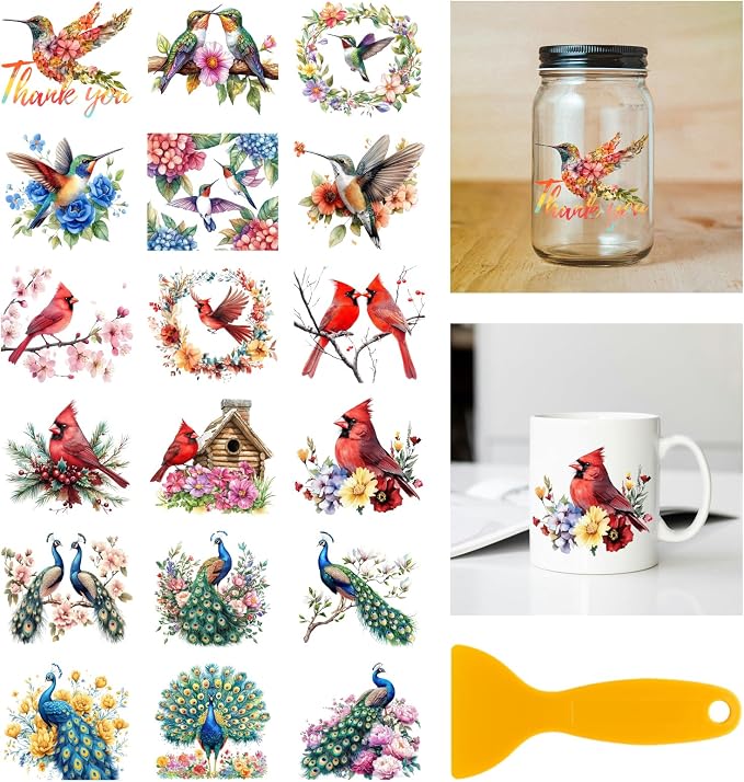 GLOBLELAND 18 Sheets Cardinal Transfer Stickers 3.9x3.6inch Hummingbird Decals by GLOBLELAND