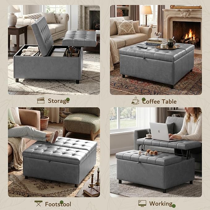 LINLUX Extra Large Leather Storage Ottoman, 35.5 Inch Large Square Lift Top - Image 4