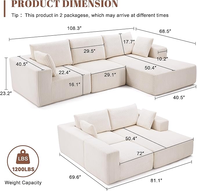 Weture 108” Modular Sectional Sofa, Cloud Sectional Couch - Image 3