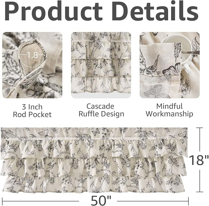 jinchan Ruffled Valance Curtain Linen Floral Kitchen Valance 18 Inch Shabby - Image 5