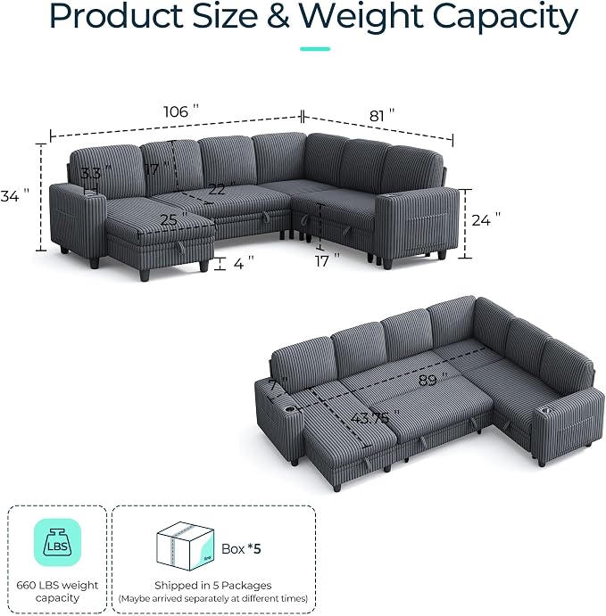 LINSY HOME Sectional Sleeper Sofa Pull Out Couches - Image 2
