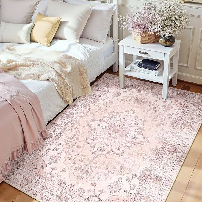 RELEANY Area Rugs 3'x4' Washable Non-Slip, Floral Vintage Distress Print by RELEANY