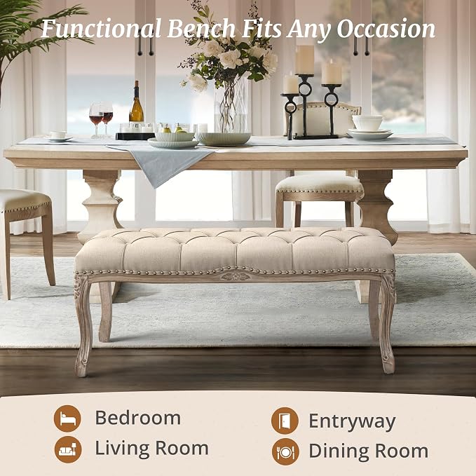 Cozyman Bedroom Bench, French Vintage Tufted Entryway Bench, 45.2" Carving - Image 5