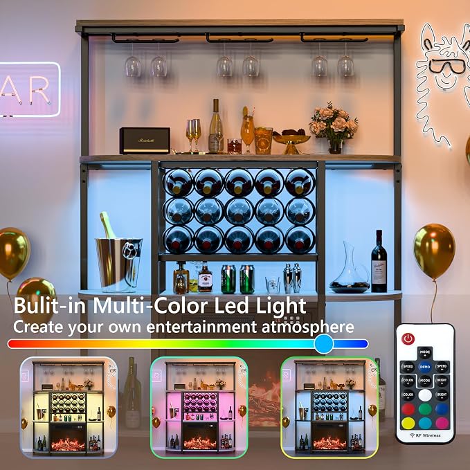 PUKAMI Bar Cabinet with Fireplace, Home Mini Bar Cabinet with Power Outlet and - Image 3