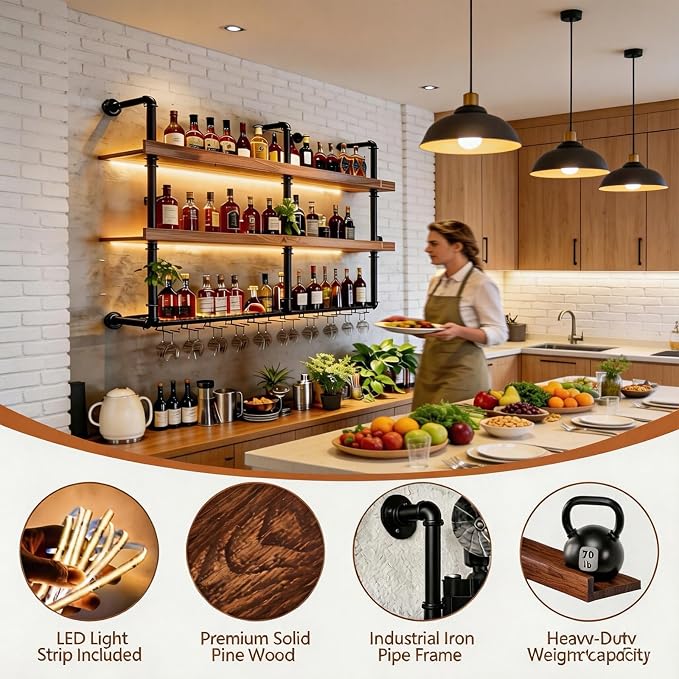 Wall Mounted Wine Rack with LED Lights, 3-Tier Industrial Wood Floating Shelves - Image 5