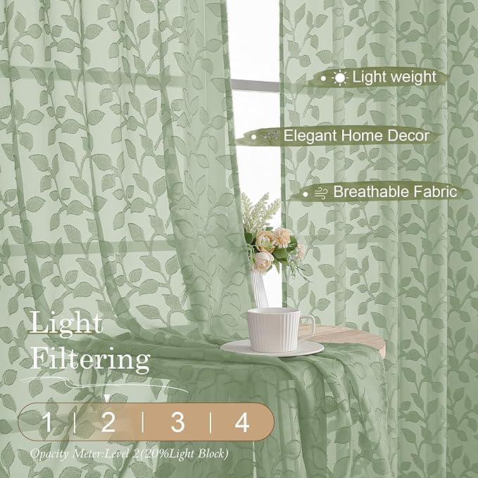 Chyhomenyc Sage Green Sheer Curtains 96 Inch Length 2 Panels Set, Light - Image 2