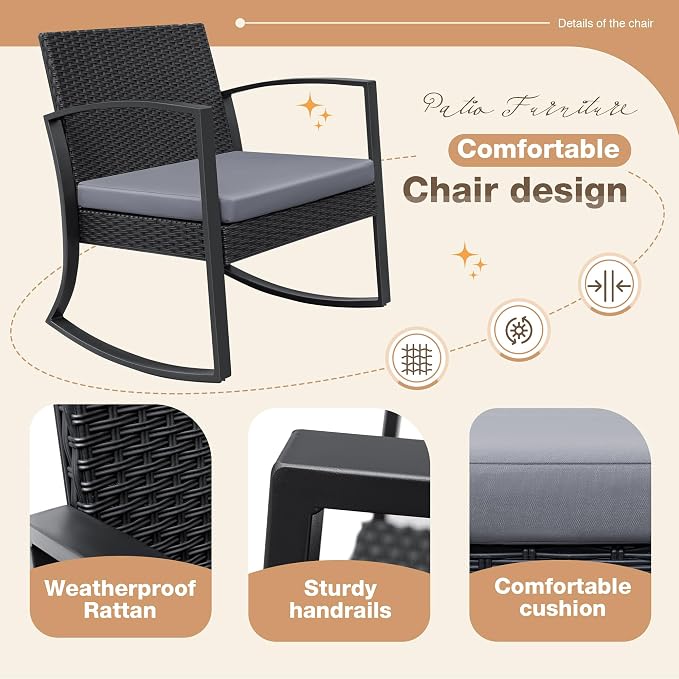 Greesum 3 Pieces Outdoor Furniture Set Patio Bistro Rocking Chairs - Image 6