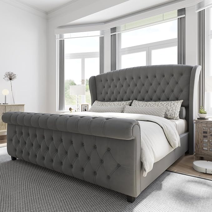 AMERLIFE Queen Size Platform Bed Frame, Velvet Upholstered Sleigh Bed by AMERLIFE