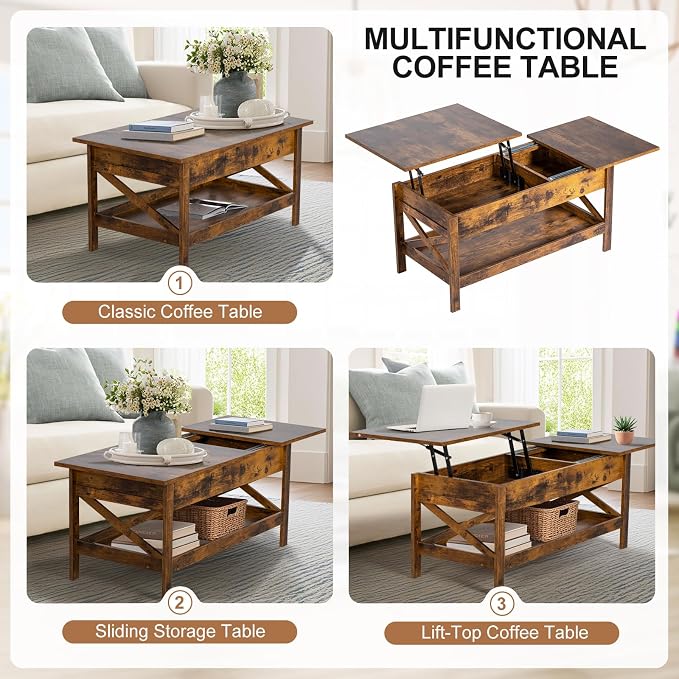 Lift Top Coffee Table with Storage, Small Coffee Table with Hidden Compartment - Image 7