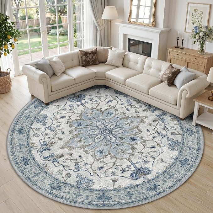 RELEANY Area Rugs Round 10ft Washable Non-Slip, Floral Vintage Distress Print by RELEANY