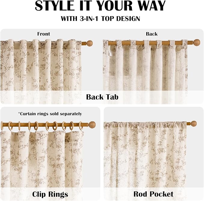 Lazzzy Taupe Floral Linen Curtains 84 Inch Farmhouse Back Tab Drapes - Image 4