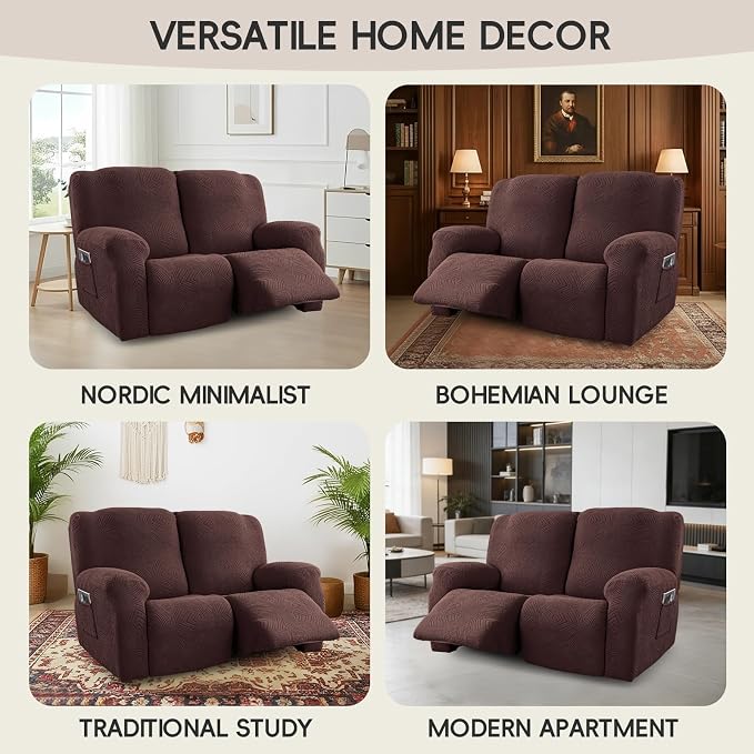 Recliner Loveseat Covers, 4-Piece Stretch Geometric Strokes Jacquard Reclining - Image 7