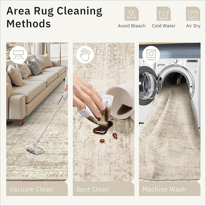 12x15 Washable Area Rug Beige Neutral Abstract Living Room Large Carpet Non - Image 5