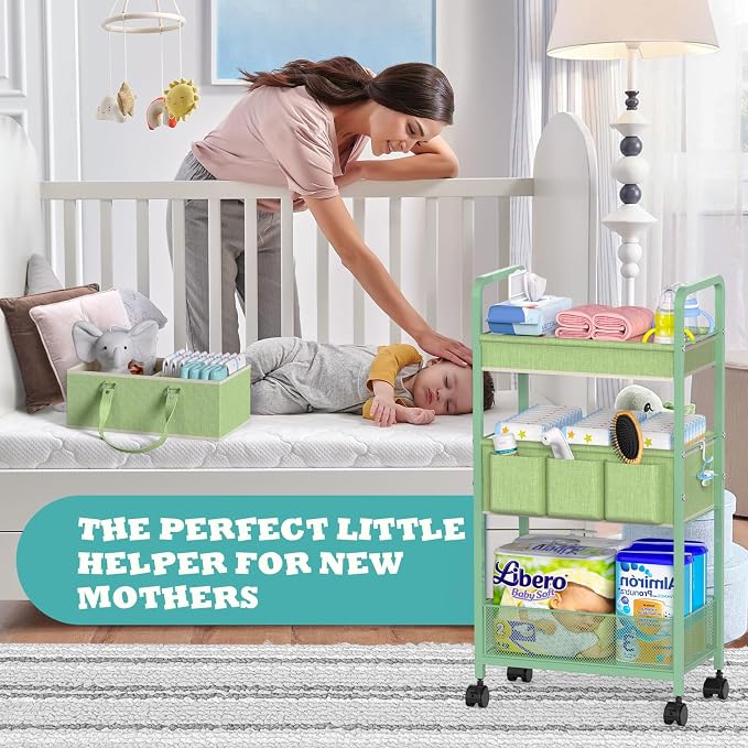 2in1 Baby Diaper Caddy Organizer Cart, 3-Tier Rolling Cart, Metal Diaper Caddy - Image 4