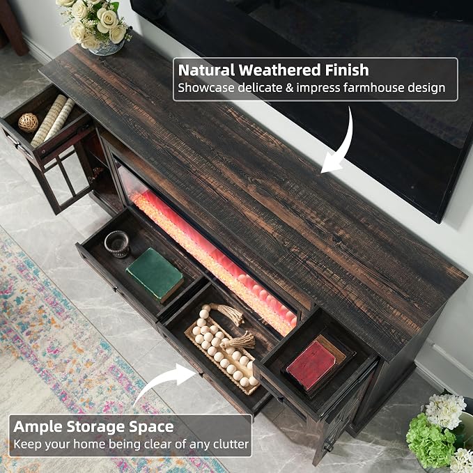 OKD Fireplace TV Stand for 80 Inch TV, Farmhouse Entertainment Center - Image 5