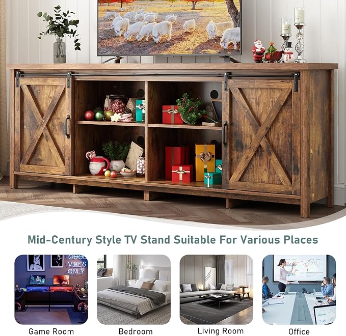 70" Farmhouse TV Stands for 70 75 80inch TV w/Adjustable Shelves, Sliding Barn - Image 7