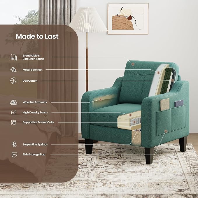 Accent Chair for Living Room Modern Linen Upholstered Armchair Side Wooden - Image 8