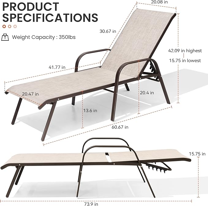 Crestlive Products Outdoor Chaise Lounge Chair, 5-Position Pool Lounge Chairs - Image 2