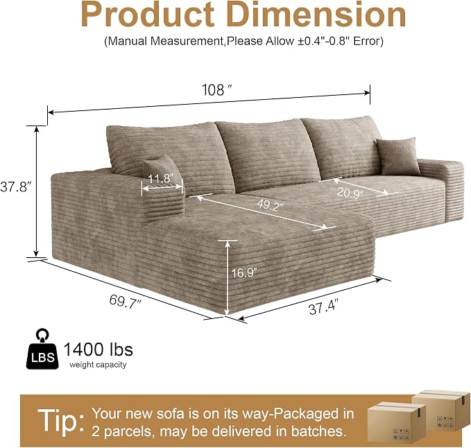 108" Sectional Couches for Living Room Cloud Couch Sofa - Image 2