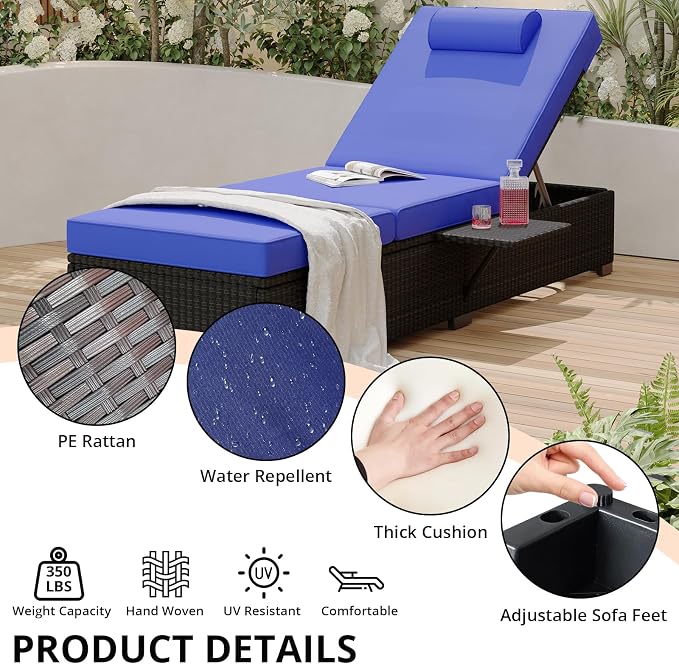 GAOMON Chaise Lounge Chairs Set of 2, Outdoor PE Rattan Chaise Lounge Chair - Image 4