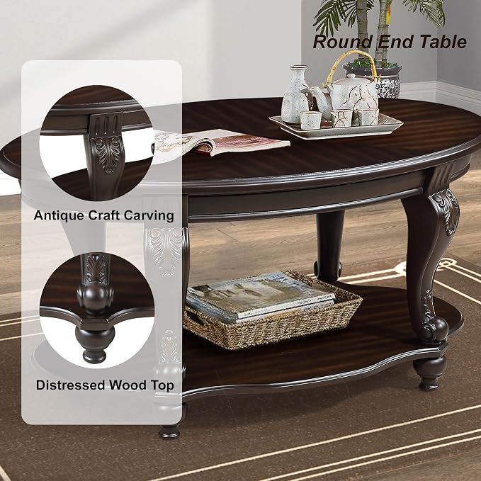 Oval Wood Coffee Table for Living Room, 2-Tier Solid Wood Coffee Table - Image 5