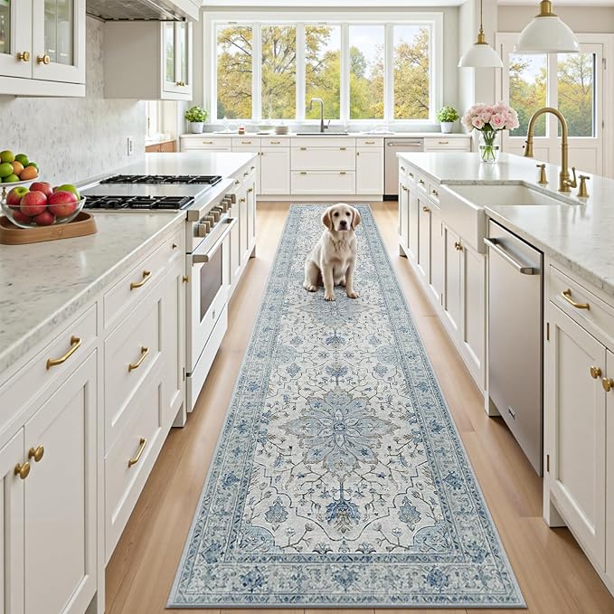 Area Rugs 2'x10' Washable Non-Slip, Floral Vintage Distress Print Pattern by RELEANY