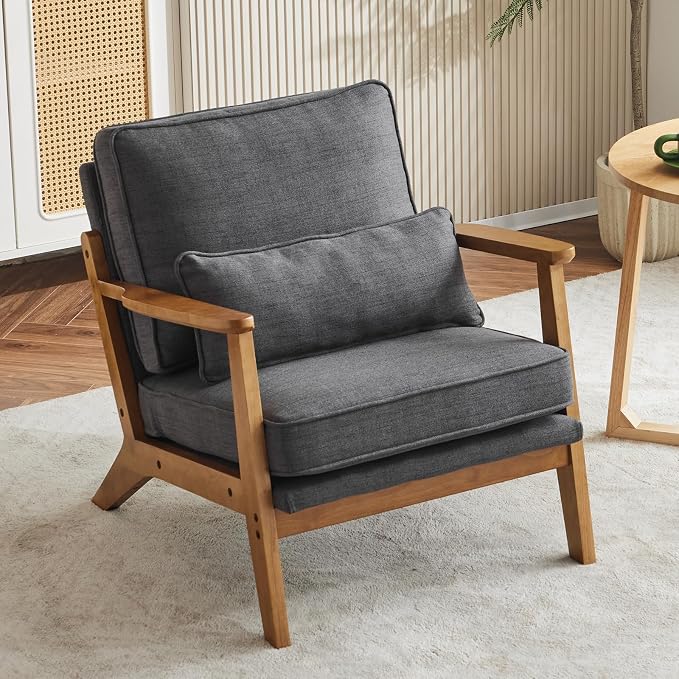 Karl home Accent Chair Wide Armrest Mid-Century Lounge Chair Linen Fabric by Karlhome