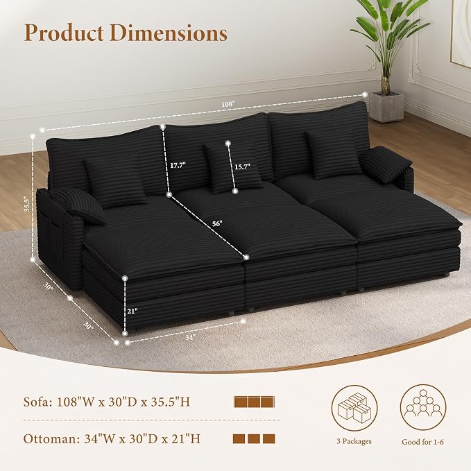 Vesgantti 108" Sectional Sleeper Sofa, 6-Seater Oversized Modular Cloud Couch - Image 2