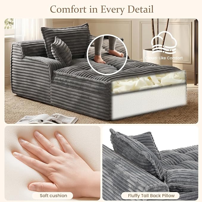 Boneless Chaise Lounge Couch Indoor, Oversized Corduroy Upholstered Sofa Bed - Image 4