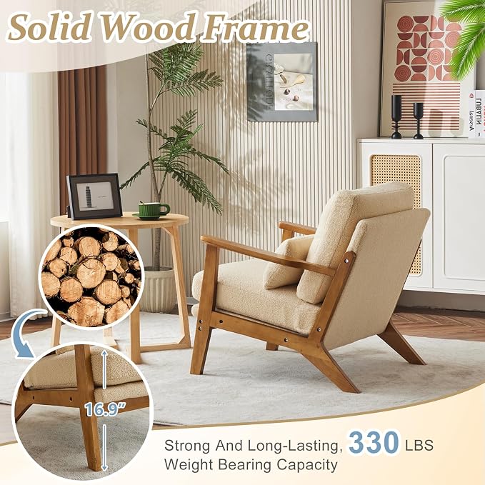 VINGLI Solid Wood Wide Armrests Accent Chair Set of 2, Upholstered Mid Century - Image 4