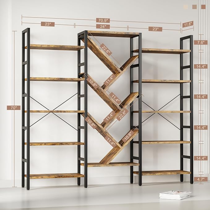 INNOD 70x70 Triple 5 Tier Book Shelf, Large Wooden Bookcase - Image 2