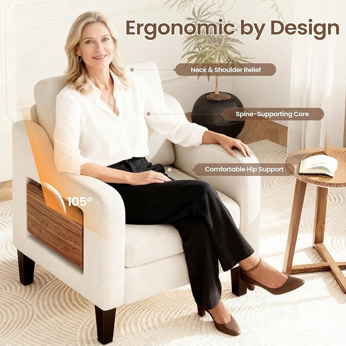 Accent Chair for Living Room Modern Linen Upholstered Armchair Side Wooden - Image 6
