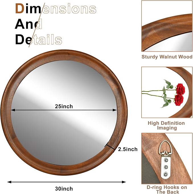 Round Wood Mirrors 30 Inch, Rustic Decorative Transitional Wall Mirror - Image 4