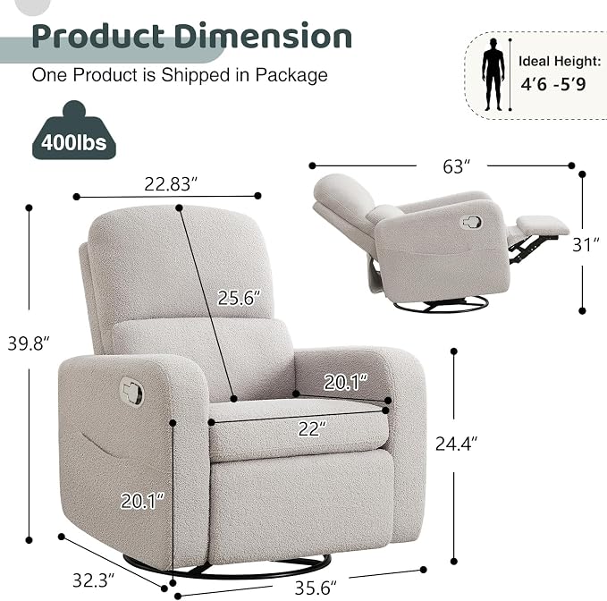 Swivel Rocker Recliner, Oversized Teddy Manual Nursery Glider Rocking Recliner - Image 2