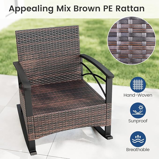 Tangkula 3 Piece Rattan Rocking Chair Set, Patio Rocker Bistro Set w/Acacia - Image 4