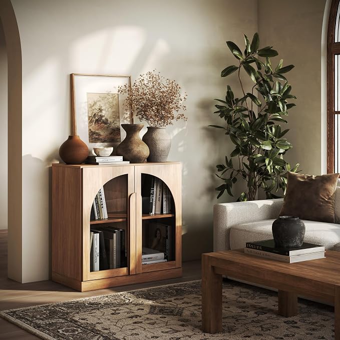 BELLEZE 2 Tier Bookshelf with Arched Glass Door, Modern Display Bookcase Shelf by BELLEZE