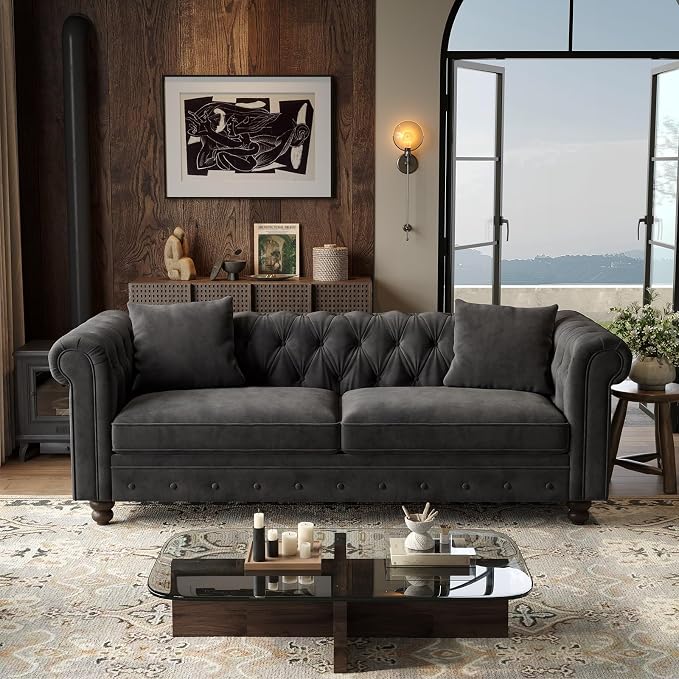 ONBRILL 82 Inch Chesterfield Sofa, 23 Inch Deep Seat Velvet Couch - Image 2