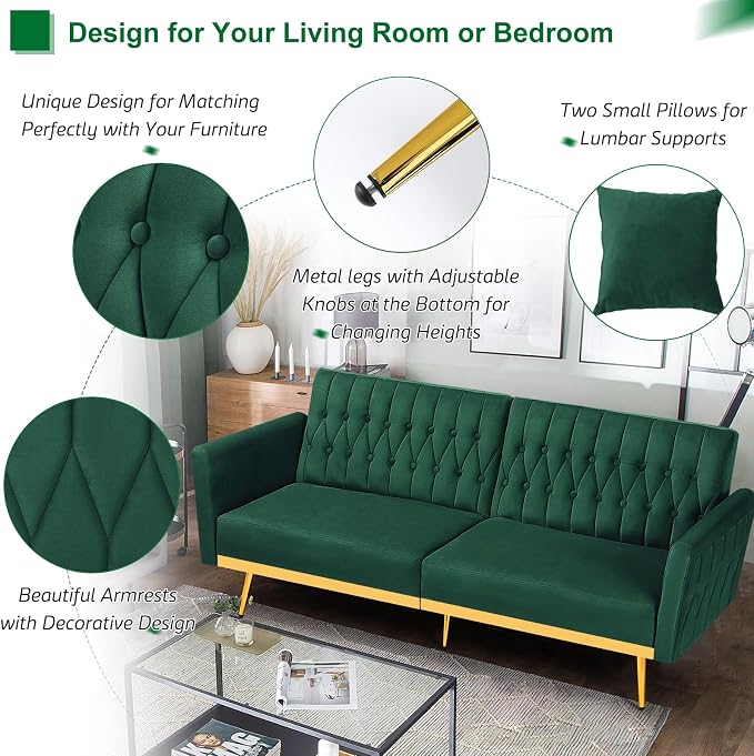 70” Velvet Futon Sofa Bed w/Adjustable Backrests and Armrests, Convertible - Image 4