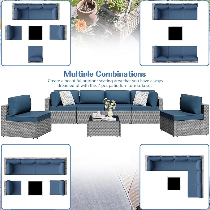 Shintenchi 7 Pieces Outdoor Patio Furniture Sets, Patio Sectional Sofa Couch - Image 2