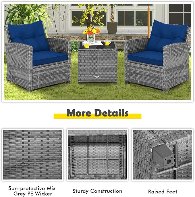 HAPPYGRILL 3 Pieces Patio Conversation Set, Outdoor Furniture Set PE Rattan - Image 4