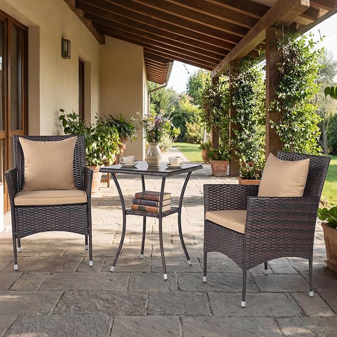Tangkula 3 Pieces Patio Wicker Bistro Set, 2 Rattan Chairs w/ 2-Tier Tempered - Image 4