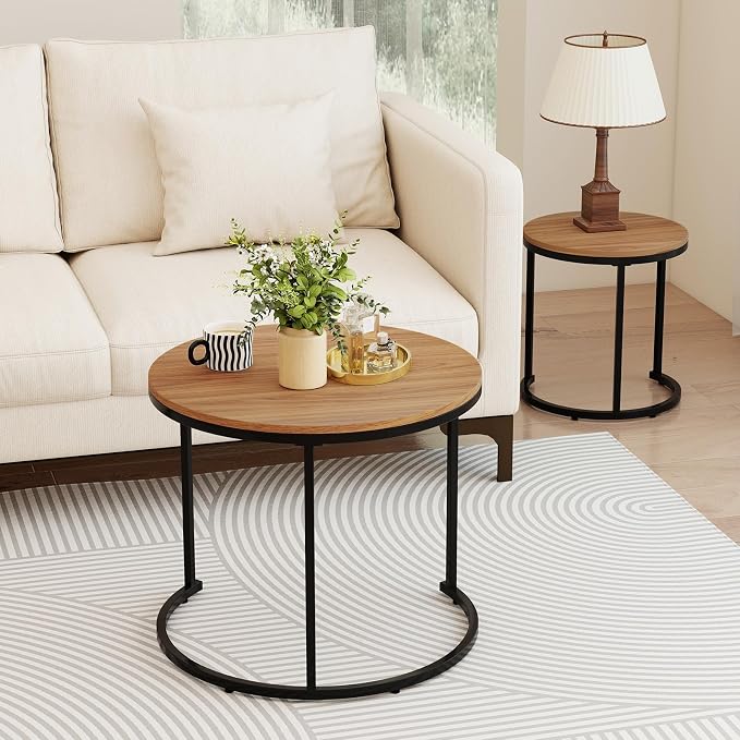 Giantex Nesting Coffee Table Set of 2, Round Stacking Side Tables w/Wooden - Image 9