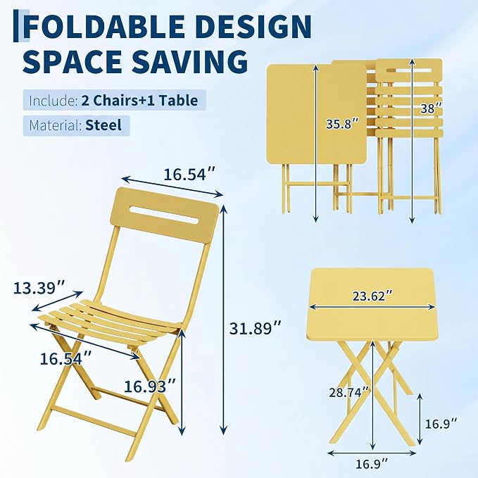 GarveeTech 3-Piece Folding Bistro Set, Heavy Duty Outdoor Patio Furniture - Image 2