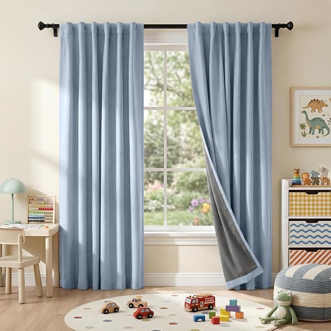 RYB HOME Smoky Blue Linen 100% Blackout Curtains by RYBHOME