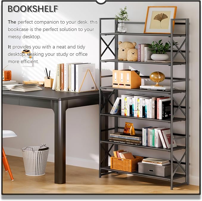 4NM Extra Wide 6 Tiers No Assembly Book Shelves, 61.8" H Folding Bookshelf - Image 3