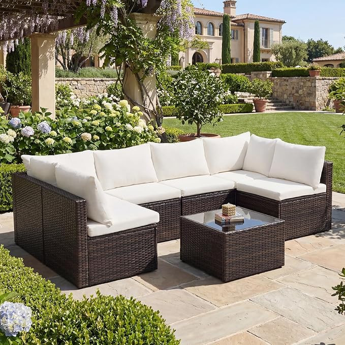 DUMOS 7 Piece Outdoor Patio Sectional Sofa, Modular Wicker Furniture Set by DumosLifestyle