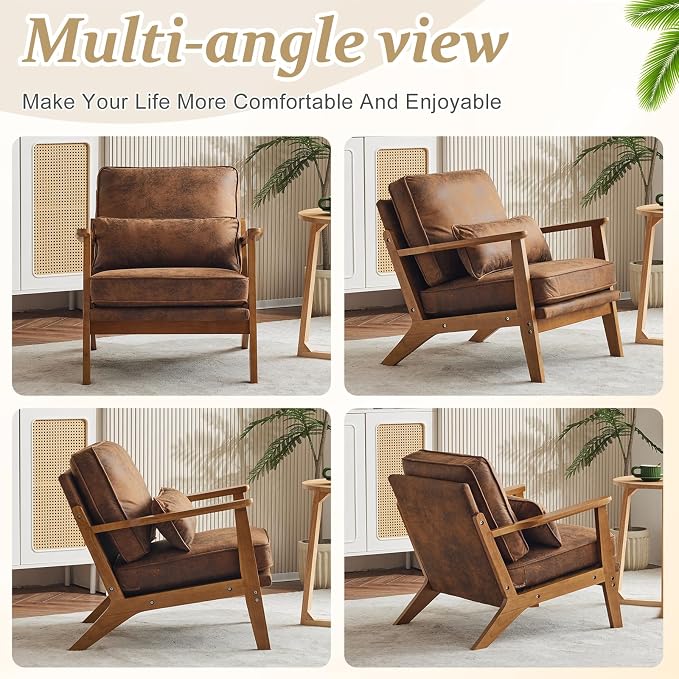 VINGLI Solid Wood Wide Armrests Accent Chair, Upholstered Mid Century Modern - Image 8