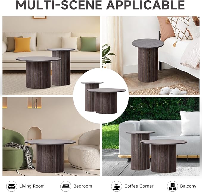 Round Nesting Coffee Table Set of 2 Mid Century Modern Wood Round Coffee Tables - Image 8
