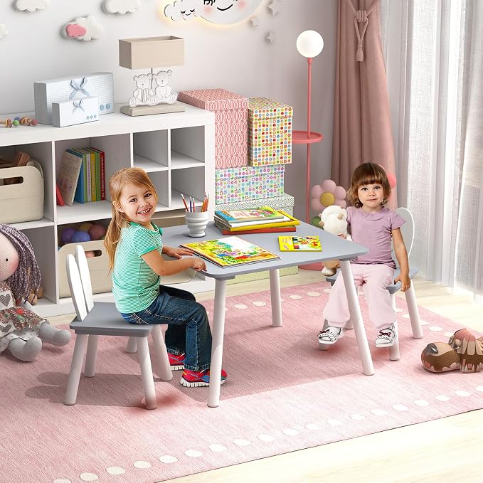 Costzon Kids Table and Chair Set, 3 Pieces Wooden Activity Table & 2 Rabbit - Image 2