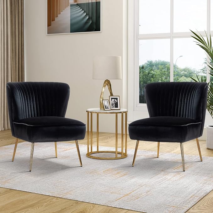 HULALA Home Velvet Accent Chair Set of 2, Modern Armless Upholstered Side Chair by HULALAHOME